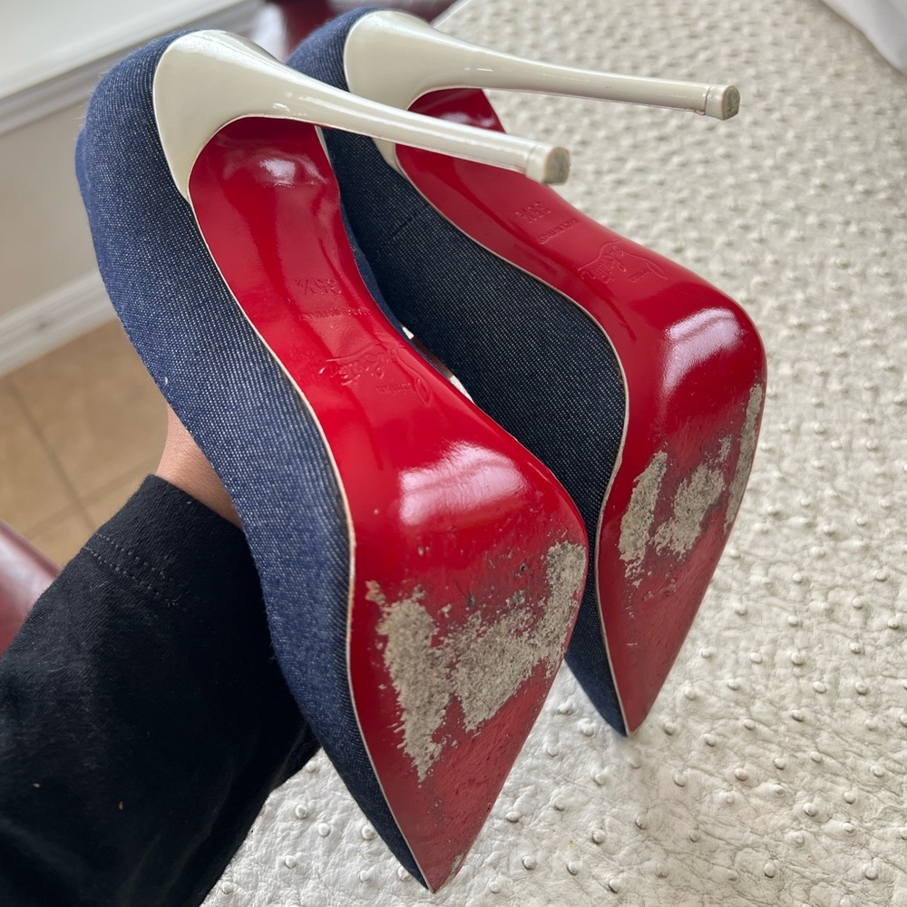 CHRISTIAN LOUBOUTIN Denim Jazz Calf So Kate 120 Pumps 5.5 Blue White